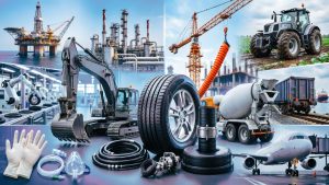 Composite image showing all major rubber-consuming industries: automotive, mining, construction, oil & gas, agriculture, manufacturing, rail, marine, medical, and aerospace with rubber products
