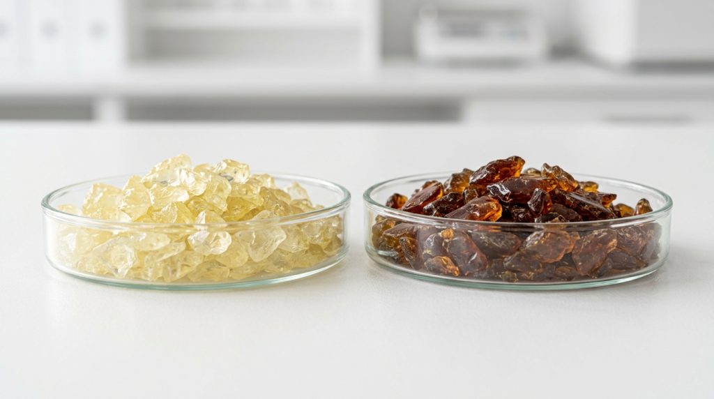 Color comparison of pale C5 resin flakes and amber C9 resin flakes