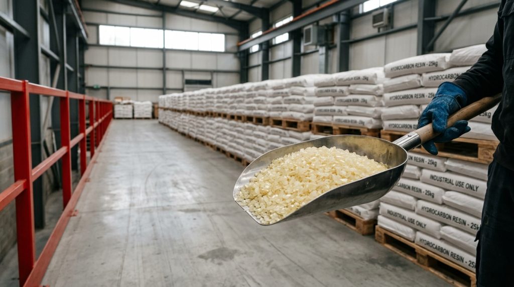 Hydrocarbon resin bags stored on pallets in an industrial warehouse